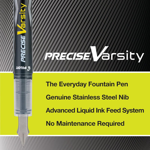 Pilot Precise Varsity Pre-Filled Fountain Pens for Writing, Medium Point Stainless Steel Nib, Black/Blue/Red/Pink/Green/Purple/Turquoise Ink, 1.0mm, 7-Pack