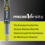 Pilot Precise Varsity Pre-Filled Fountain Pens for Writing, Medium Point Stainless Steel Nib, Black/Blue/Red/Pink/Green/Purple/Turquoise Ink, 1.0mm, 7-Pack