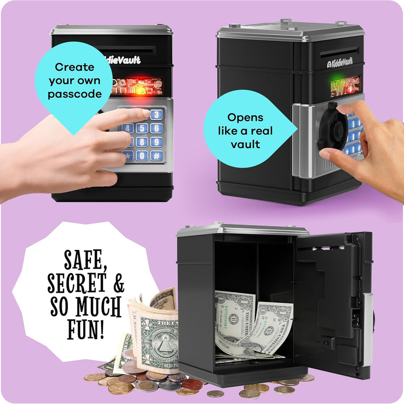 KiddieVault - Electronic Money Saving Box with Code, Automatic Bill Feeder, Lights & Sounds for Kids 3-12