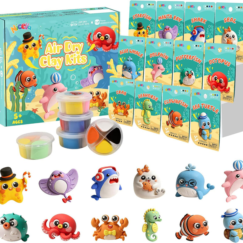 Nicella Air Dry Clay Kit, 12 Animals Modeling Clay for Kids, Model Magic Clay with Sculpting Tools and Tutorials, Safe & Non-Toxic, DIY Arts & Crafts School Projects, Home Party Favors for Boys Girls