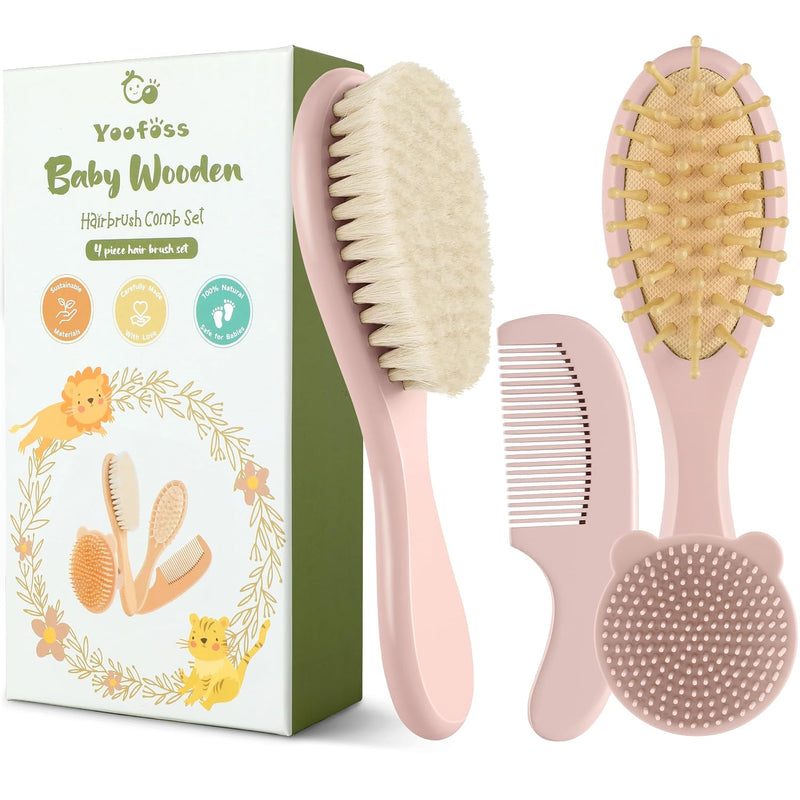 Yoofoss 4 Piece Baby Brush and Comb Set, Wooden Baby Brush with Natural Ultra Soft Goat Hair, Baby Hair Brush for Newborn, Baby Brush Set for Boy Girl