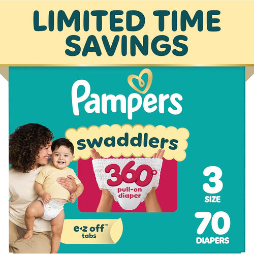 Pampers Diapers - Swaddlers 360° - Size 3, 70 Count, up to 100% Leakproof Comfy Dry Fit, Designed for Easy Changes, Pull On Baby Diaper (Packaging May Vary)