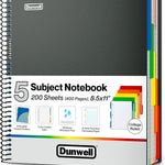 Dunwell 5-Subject Notebook, College Ruled, Colorful Movable Pocket Dividers with Tabs, Front/Back Plastic Covers, 200 Sheets (400 Pages) of 3-Hole Punch Perforated 8.5x11 Paper