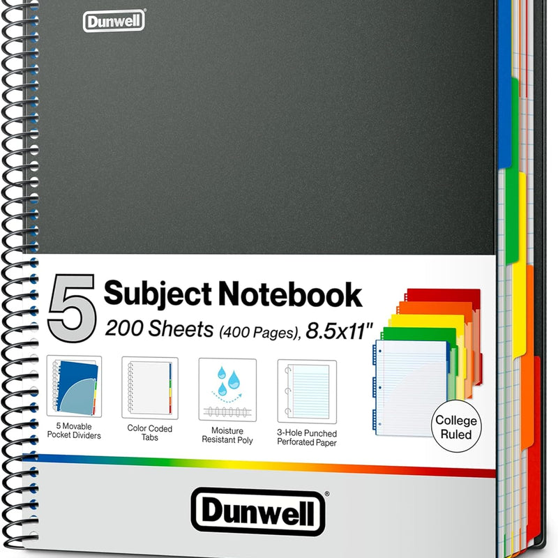 Dunwell 5-Subject Notebook, College Ruled, Colorful Movable Pocket Dividers with Tabs, Front/Back Plastic Covers, 200 Sheets (400 Pages) of 3-Hole Punch Perforated 8.5x11 Paper