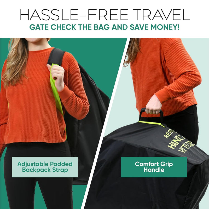 Large Stroller Bag for Airplane Travel, Black & Green, 47" H x 24" W x 15" D, Fits Most Large, Single, Double, Jogging Strollers – Premium Waterproof Cover, Adjustable Shoulder Straps