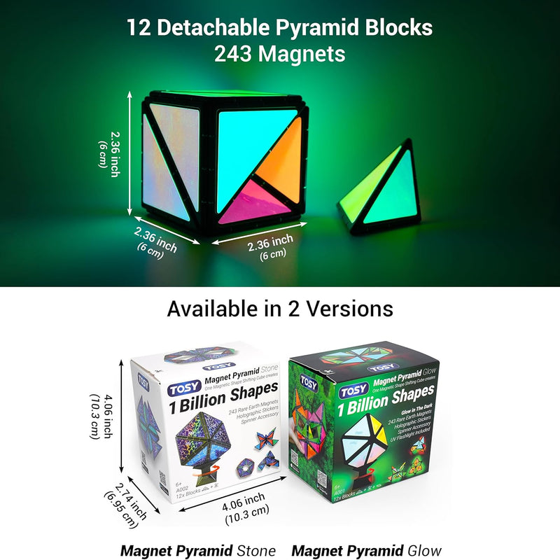 tosy 1 billion shape magnetic pyramid stone, 12 pieces, 243 magnets, holographic design, puzzle and STEM toy