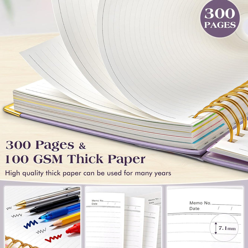 Spiral Notebook Journal with Removable Dividers Tabs, 300 Pages Hardcover Leather 5 Subject College Ruled Notebook, 8"x10" Large B5 Lined Journal for Women Men, Spiral Notebooks for Work School,Purple