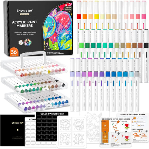 Shuttle Art Automatic Ink Control Acrylic Paint Markers, 36 Colors Brush Tip Acrylic Paint Pens for Rock Painting, Ceramic, Wood, Canvas, Glass, Stone, Fabric, Card, DIY Football Crafts