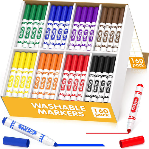KIZZYEA Washable Markers Bulk, Markers for Kids, 8 Assorted Colors, 160 Count, Broad Line Marker for School, Student Art Supplies & Back to School Crafts, Classroom Essentials for Teachers