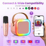 rose gold mini karaoke machine with 2 wireless microphones and 6-10h battery life