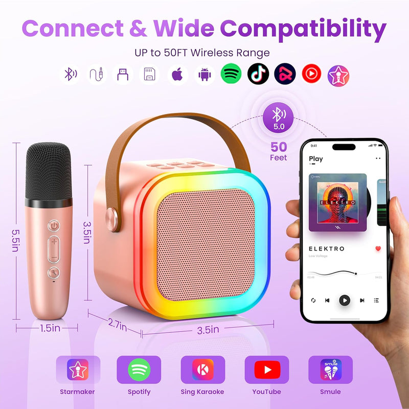 rose gold mini karaoke machine with 2 wireless microphones and 6-10h battery life