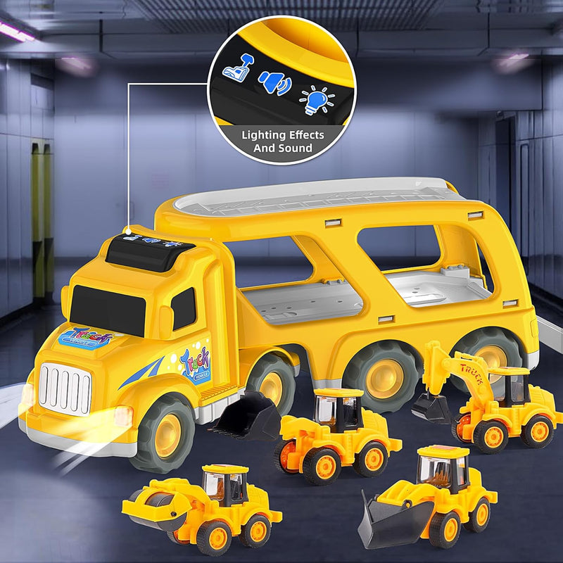 Veslier 5 in 1 Construction Truck Toy with 6 Mini Cars for Kids 3 4 5 6 Years Old