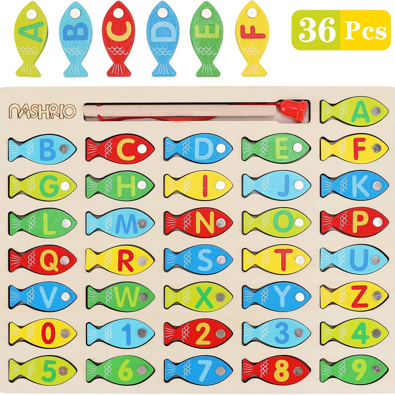 Magnetic Wooden Fishing Game Toy for Toddlers, Alphabet Fish Catching Counting Games Learning Toy 3 4 5 Years Old Kids