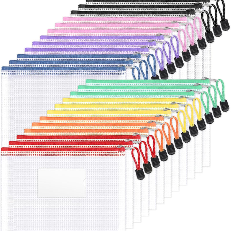 Sooez 24 Pack Mesh Zipper Pouch Bags with Label Pocket, A6 (9.1×4.7 in) Small Pencil Case Pouch for Organizing, Clear Plastic Pencil Pouches Bulk for School Supplies Storage, Money Envelopes for Cash