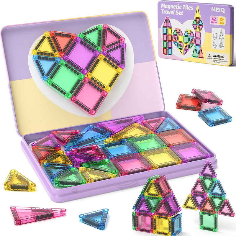 42PCS Mini Magnetic Tiles Travel Set with Iron Storage Box - Portable STEM Building Blocks for Kids 3-8, Montessori Educational Magnet Toys for Airplane, Car Rides & On-The-Go Play