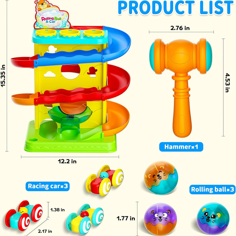 2-in-1 Light Up Rolling Ball & Racing Car Ramp Toddler Toy | Ball Drop Toy Race Track with Hammer, Interactive Montessori Learning Game & Kids 1-5+ Year Old Girl Boy Gift(Yellow)
