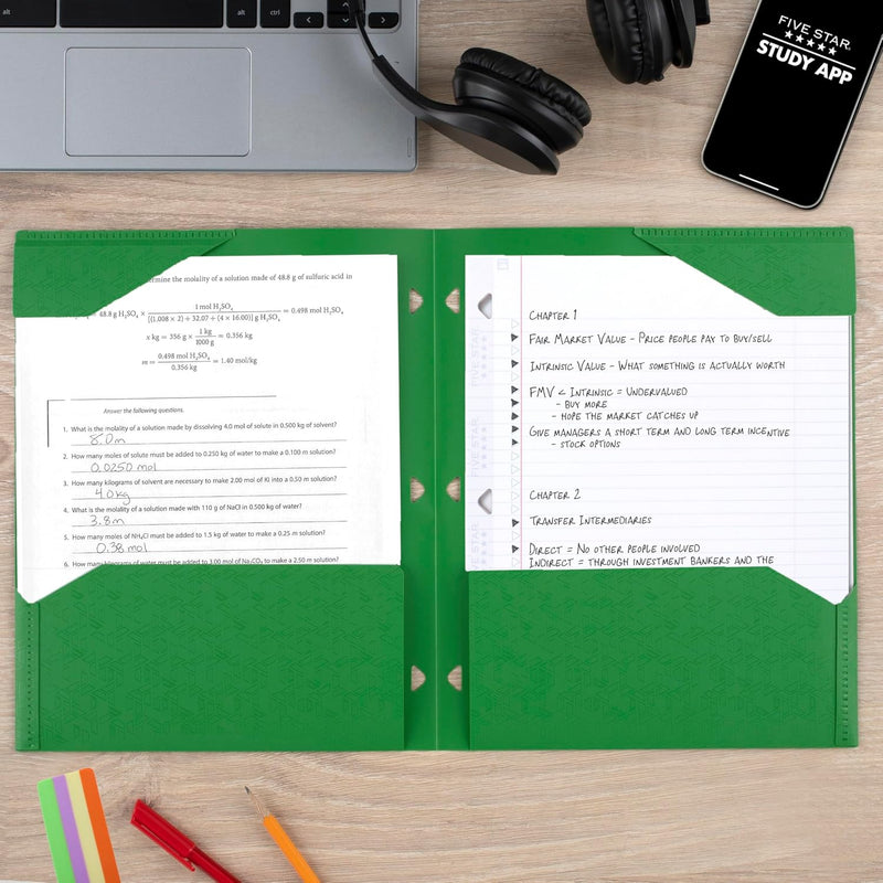 Five Star 2-Pocket Plastic Folder with Stay-Put Tabs, Fits 3-Ring Binder, Holds 8.5" x 11" Paper, Assorted Colors, 4 Pack (333420A)