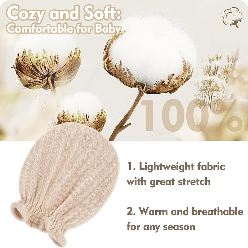 Pro Goleem Muslin Baby Mittens for Newborn, 100% Cotton No Scratch Soft Breathable Gloves for Boys and Girls 0-6 months