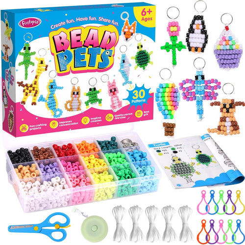 Beads for Crafts, Pony Beads Keychain Making Kit, Bead Pets for Kids Girls | Funtopia Bracelet Making kit Beaded Animal Set Birthday Party DIY Art Crafts for Girls Boys Beginners(1500 Bead, 30 Designs)