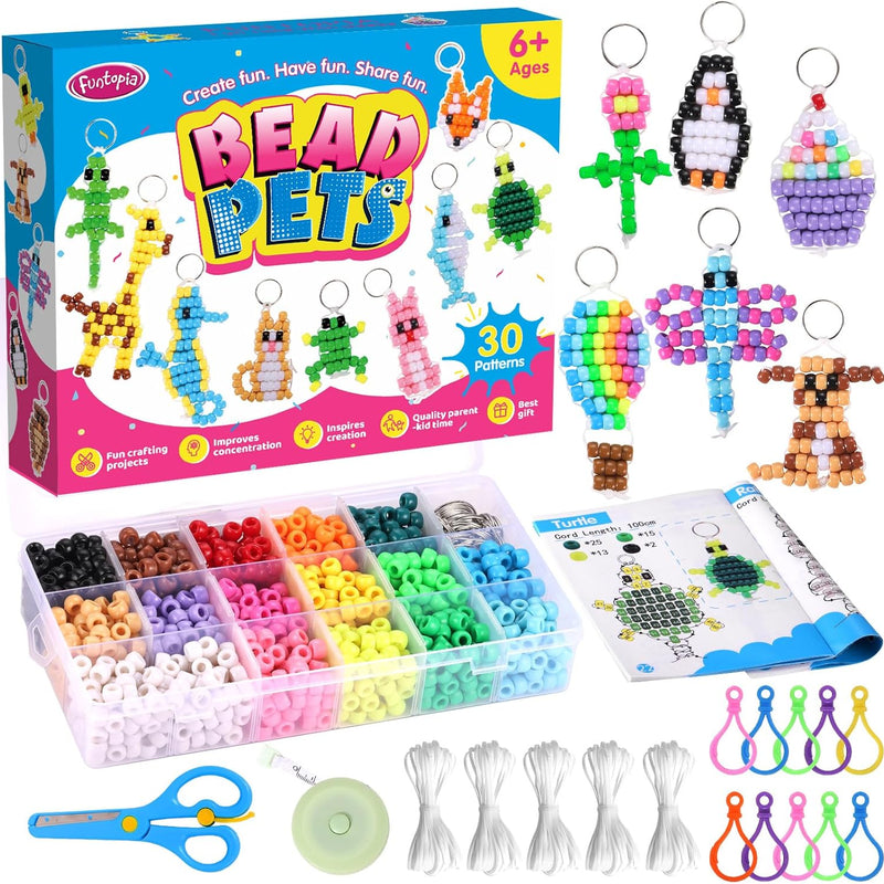 Beads for Crafts, Pony Beads Keychain Making Kit, Bead Pets for Kids Girls | Funtopia Bracelet Making kit Beaded Animal Set Birthday Party DIY Art Crafts for Girls Boys Beginners(1500 Bead, 30 Designs)