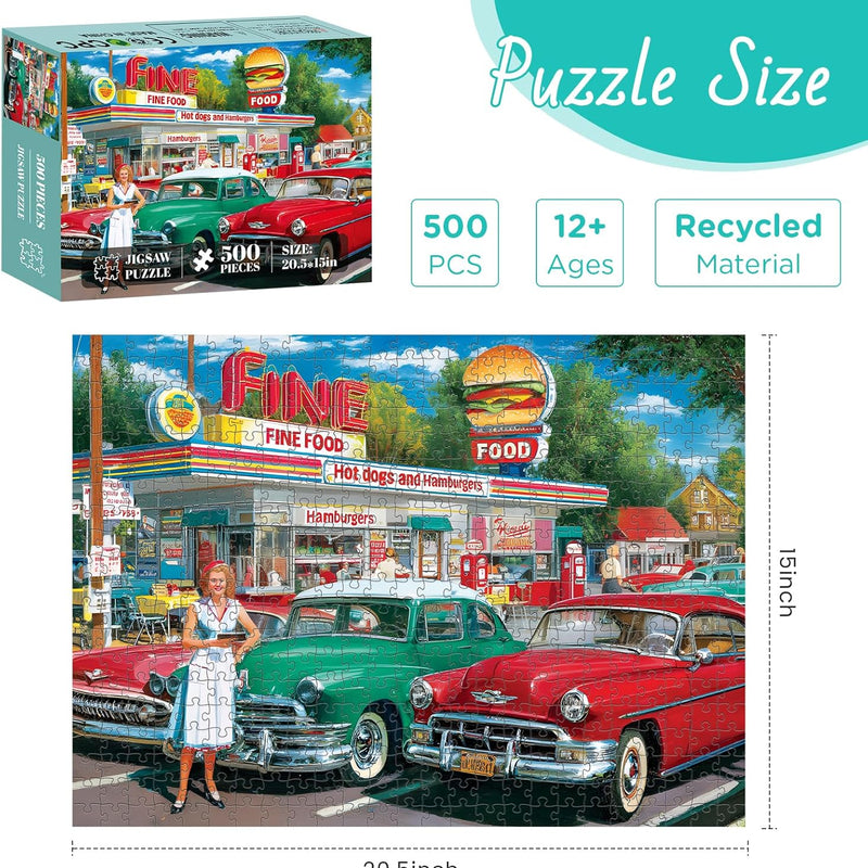 500 piece retro style jigsaw puzzles for adults, perfect for car and food station enthusiasts