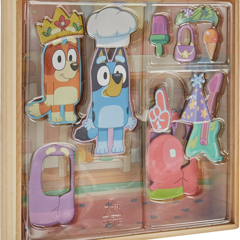 Horizon Group USA Bluey Magnetic Wooden Playhouse, 18 Piece Activity Set, Includes 2 Wooden Dolls House, Great Toys for Kids, Fun Birthday Party Activity, House Playset