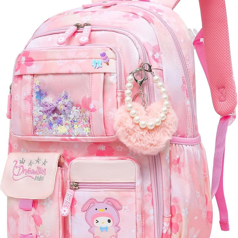 Lovely Girls Backpack School Bag for Students Kids Book Bag with Multiple Pockets Splash-proof Children's Backpack（17inch Pink）