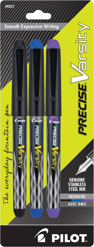 Pilot Precise Varsity Pre-Filled Fountain Pens for Writing, Medium Point Stainless Steel Nib, Black/Blue/Red/Pink/Green/Purple/Turquoise Ink, 1.0mm, 7-Pack
