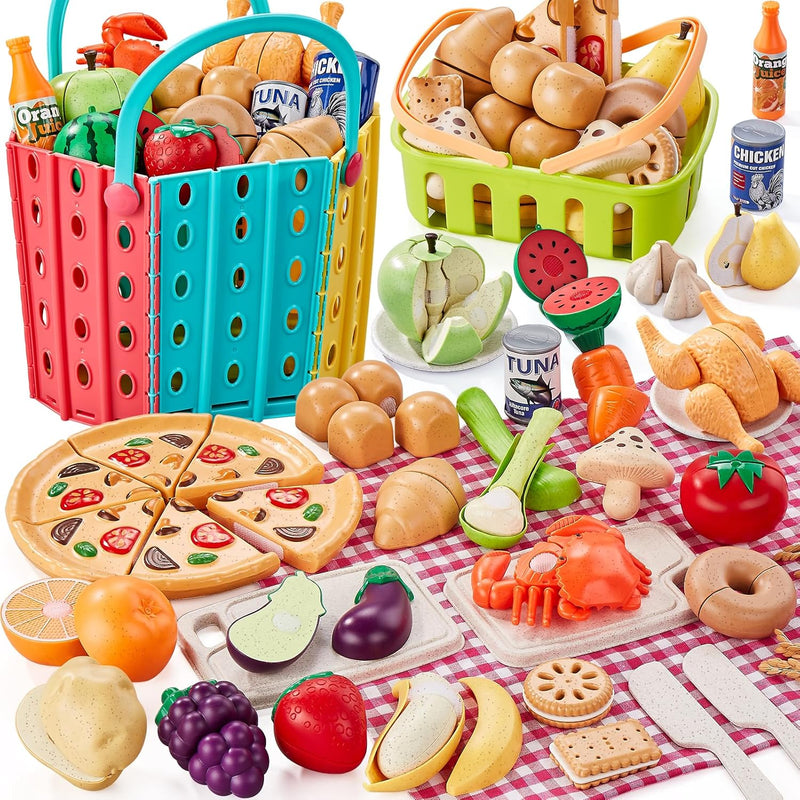 LAUGIGLE Pretend Play Food for Kids Kitchen, 78Pc Cutting Toy Food with Storage Bag | Pretend Play Food for Kids Kitchen-Toys Food with Veggies, Fruits, Play Kitchen Accessories, Boys Girls Gift