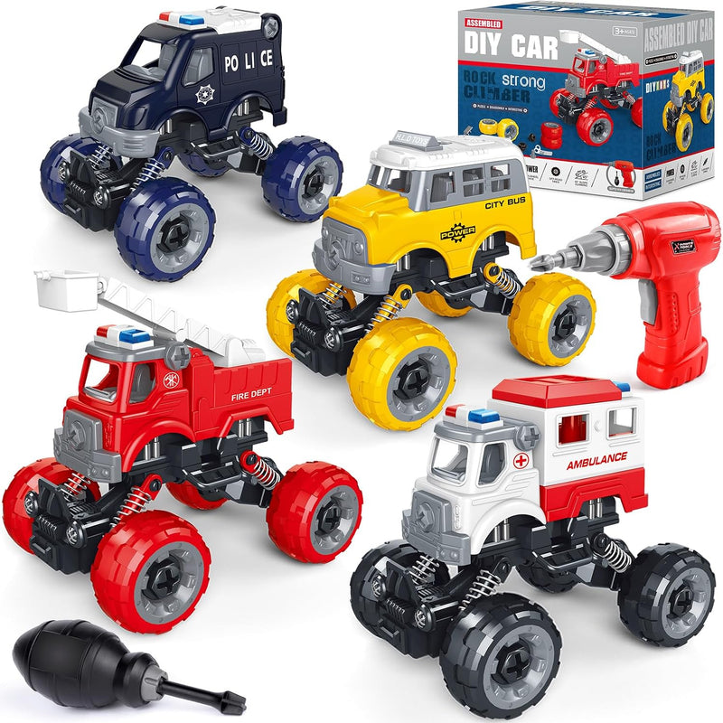 LUDILO Toys for 3 4 5 Year Old Boy Birthday Gift: 4PCS Take Apart Construction Truck Excavator Toy with Electric Drill, Kids Building Stem Learning Toy Gifts for 3 4 5 6 Year Old Boys Toys Age 4-6 3-5
