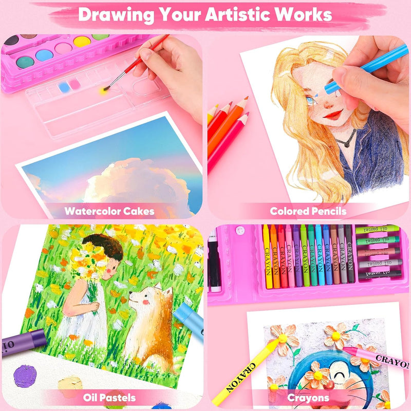 iBayam Art Supplies, 149-Pack Drawing Kit Painting Art Set Kits, Pink Box | Arts and Crafts for Kids Girls Boys Gifts, with Coloring Book, Crayons, Pastels, Pencils, Watercolor Pens & Cakes