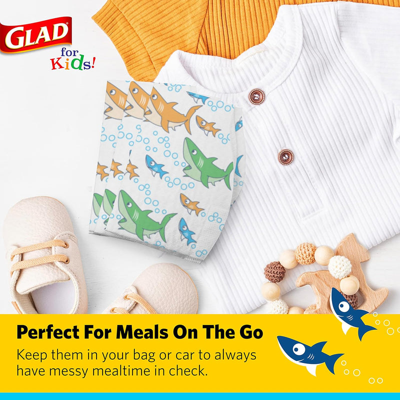 Glad for Kids Disposable Paper Bibs with Crumb Catcher, Sharks, 30 Count | Absorbent, leakproof design for mess-free feeding at meals, crafts, parties, and travel
