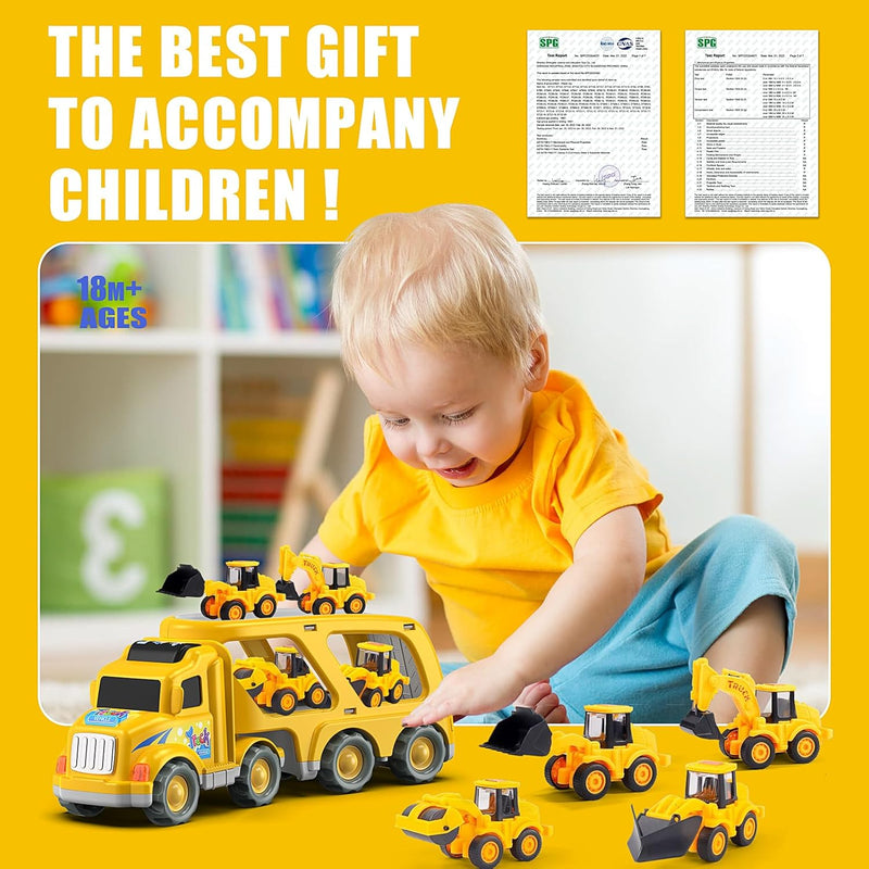 Veslier 5 in 1 Construction Truck Toy with 6 Mini Cars for Kids 3 4 5 6 Years Old