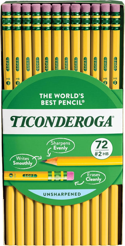 Ticonderoga Wood-Cased Pencils, Unsharpened, 2 HB Soft, Yellow, 72 Count