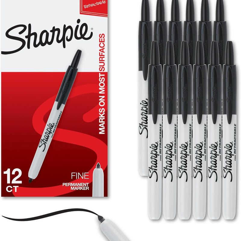 Sharpie Retractable Permanent Markers, Fine Tip, Black, 12 Count - Desk, Classroom, Office Supplies