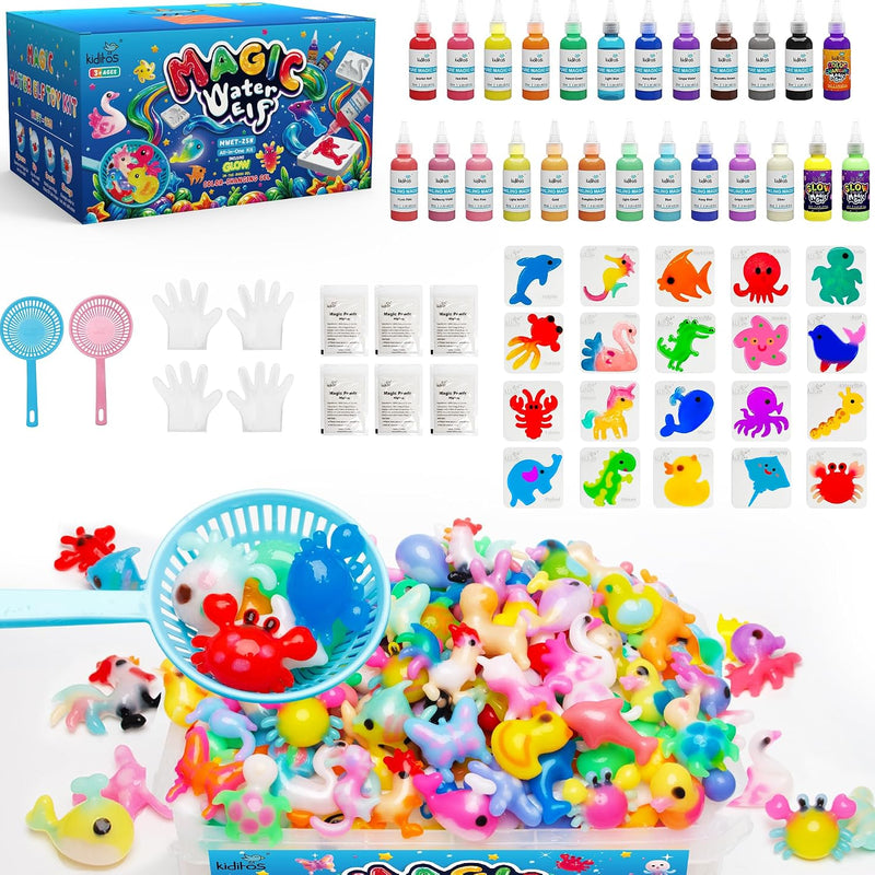 Kiditos Magic Water Elf Toy Kit,Squishies for Kids, DIY Sensory Craft Kit | 10 Gels & 6 Molds, Make Your Own Magic Water Pets, STEM Science Activity, Party Favors & Birthday Gifts for Kids Ages 3+