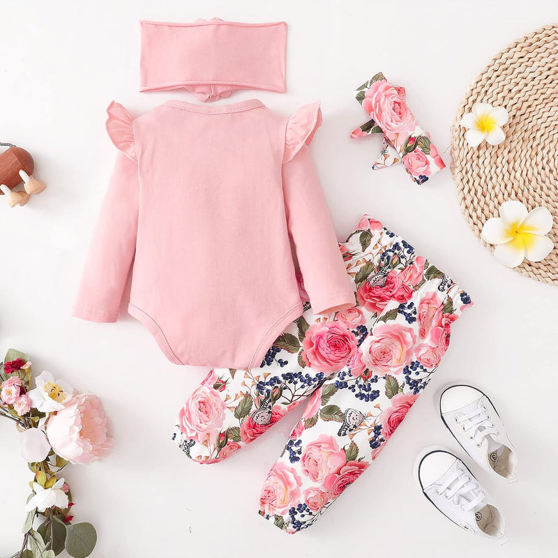 SUNNY PIGGY Newborn Infant Baby Girl Clothes Outfits Ruffle Romper Floral 4Pcs Pants Sets Toddler Girls Clothing Set
