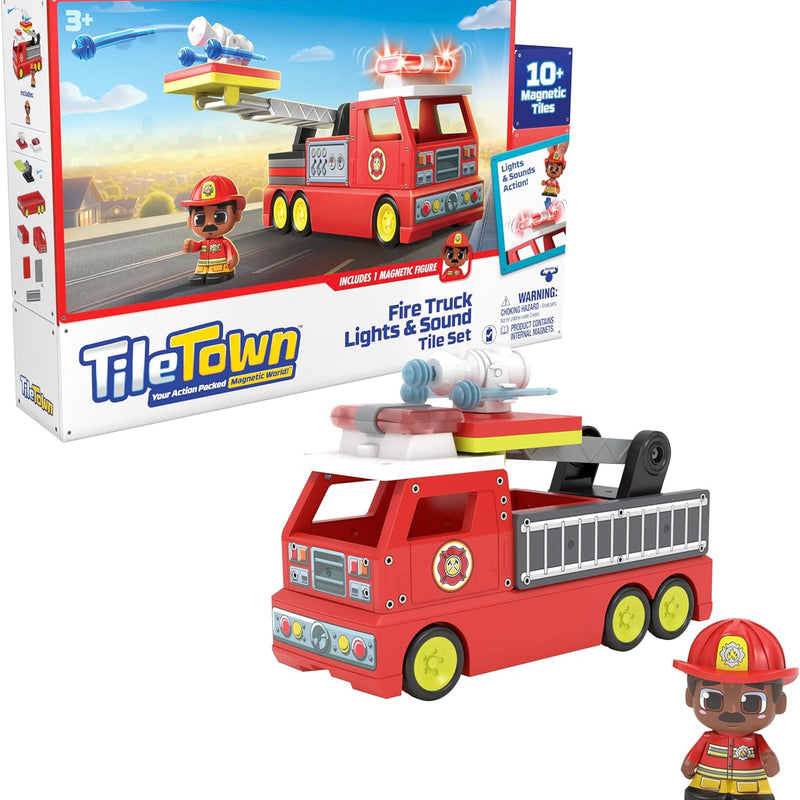 Tile Town Fire Station Magnetic Tiles Set, 66 Piece Kids Magnet Toy, Innovative Action Play Magnetic Tile Building Set Ages 3-6, Amazon Exclusive