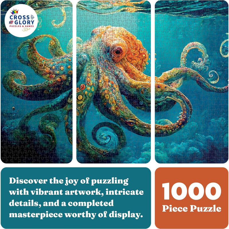Cross & Glory | Jigsaw Puzzles 1000 Pieces for Adults | Deep Blue Octopus Odyssey | Ocean Octopus Puzzles for Adults | Challenging Brain Teaser Ocean Puzzle | 20 x 27 Inches