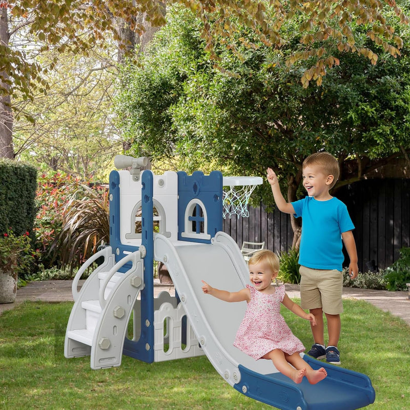 LulliSpace 6 in 1 Toddler Slide,Kids Climber Slider for Indoor Outdoor Playground with Basketball Hoop,Storage and Telescope,L Shaped Slide for Toddler Climber Playset