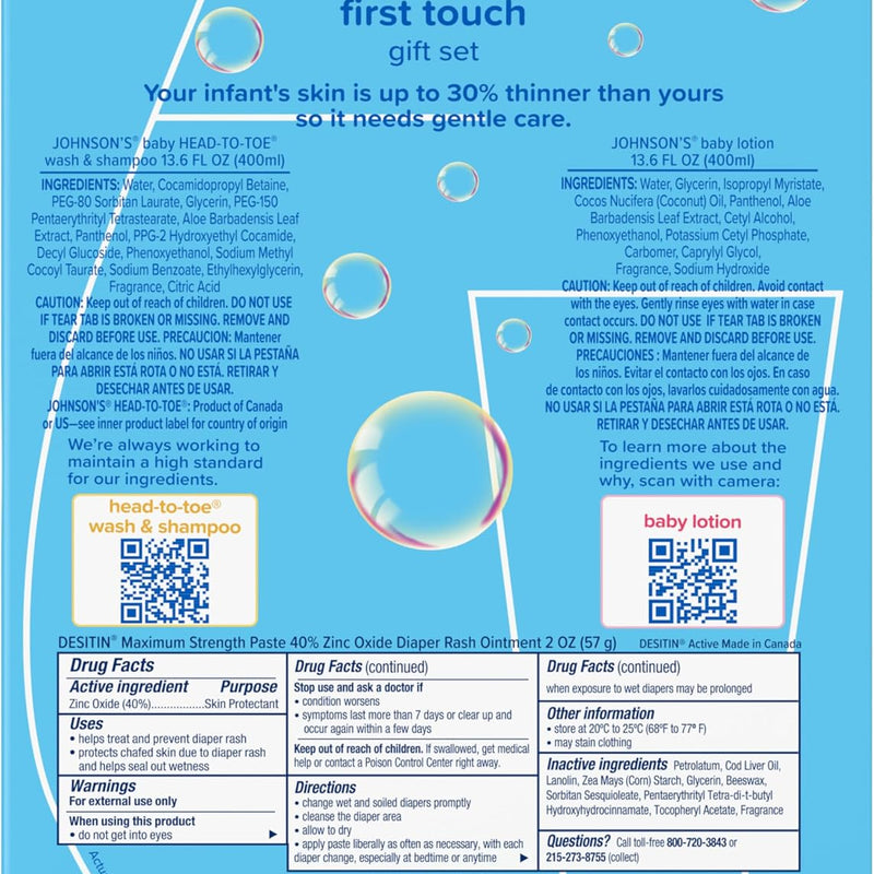 Johnson's Baby First Touch Baby Essentials Gift Set with Body Wash & Shampoo, Body Lotion, & Zinc Oxide Diaper Rash Paste for Baby's Delicate Skin, Hypoallergenic, No Added Parabens or Dyes, 3 Items