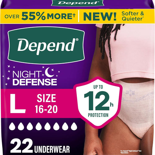 Depend Night Defense Adult Diapers, Incontinence & Postpartum Bladder Leak Underwear for Women, Disposable, Overnight, Large, Blush, 22 Count, Packaging May Vary