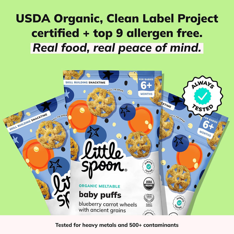 Little Spoon Blueberry Carrot Meltable Baby Wheels, 1 Oz Bag, 4 Pack | Organic Corn, Quinoa & Sorghum, No Added Sugar Snacks, Encourages Self-Feeding, For Babies 6+ Months