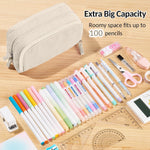 Sooez Big Capacity Pencil Case Pen Pouch, Soft Corduroy Pencil Bag with 3 Compartment, Multiple Pockets, Sturdy Zipper, Cute School Supplies Pen Bag Organizer For Teen Girls College, Beige