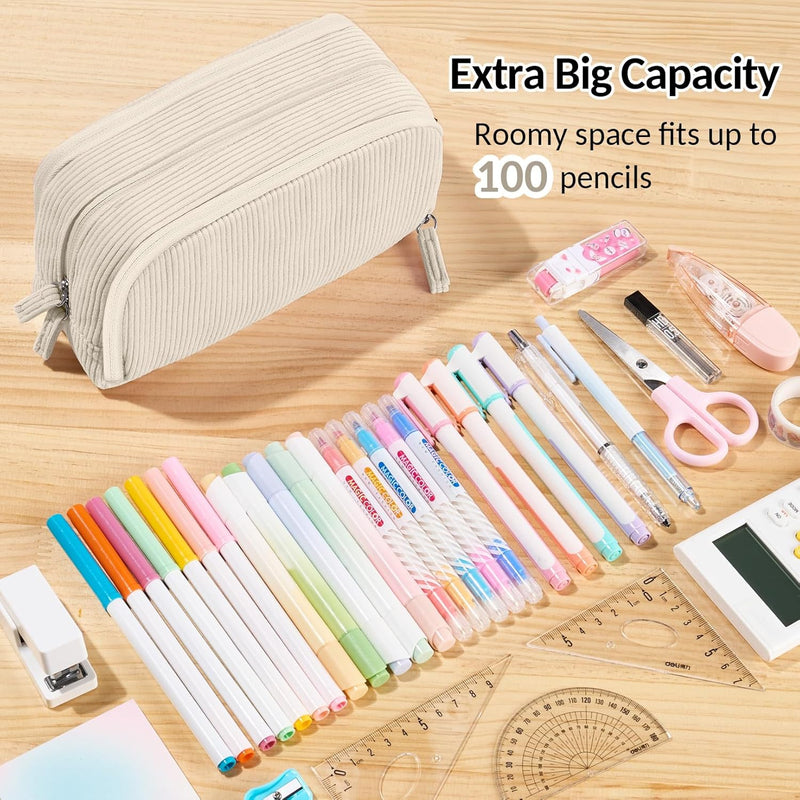 Sooez Big Capacity Pencil Case Pen Pouch, Soft Corduroy Pencil Bag with 3 Compartment, Multiple Pockets, Sturdy Zipper, Cute School Supplies Pen Bag Organizer For Teen Girls College, Beige