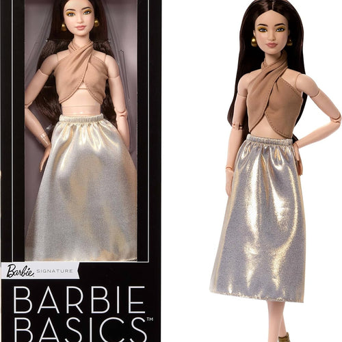 Barbie Basics Model Collector Fashion Doll 06 with Brunette Hair, Shimmery Golden Skirt & Halter, Universal-fit Fashions, Posable Body