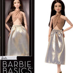 Barbie Basics Model Collector Fashion Doll 06 with Brunette Hair, Shimmery Golden Skirt & Halter, Universal-fit Fashions, Posable Body