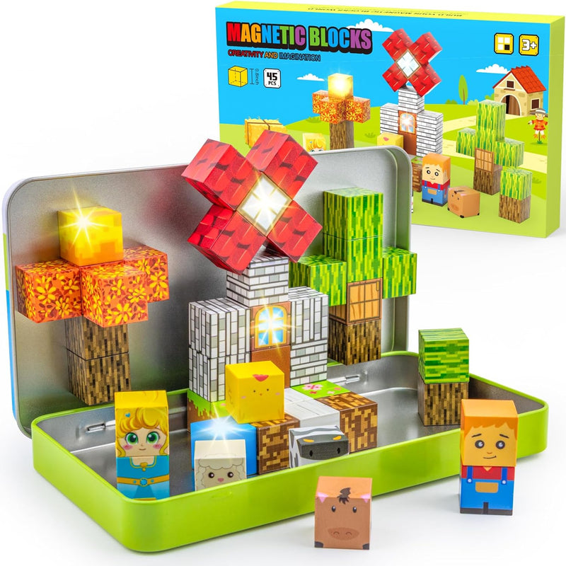 Aywewii Travel Magnetic Blocks 45 PCS for Kids Ages 3-5, Portable STEM Learning Set with Iron Case, Construction Edition