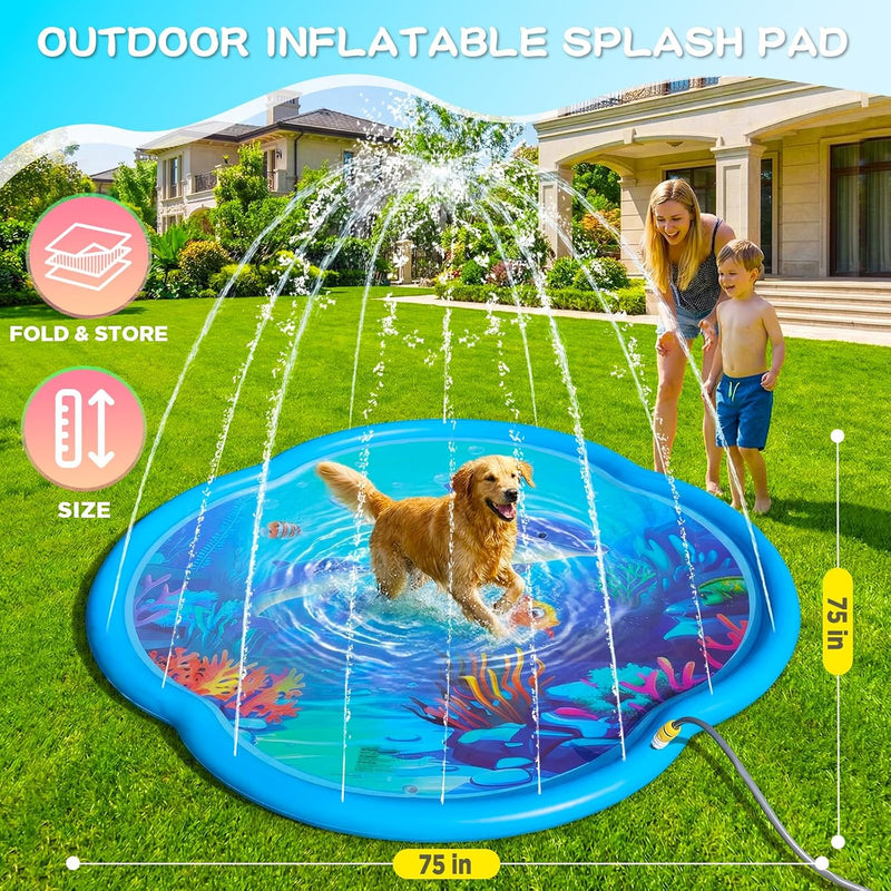 Splash Pad Sprinkler for Kids & Dog, 75" Round Sea World Splash Pad for Kids Ages 2+, Thicken Outdoor Water Toy Play Mat for Children, Backyard Inflatable Sprinkler Shallow Pool Fountain Pad