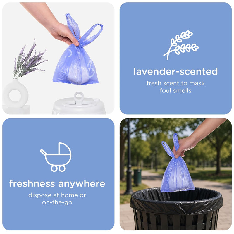 Ubbi Disposable Baby Diaper Sacks, Lavender Scented, 400 Count | Easy-To-Tie Tabs, Made from 50% Recycled Material, Disposable On-The-Go Bags, Diaper Bag and Travel Essential